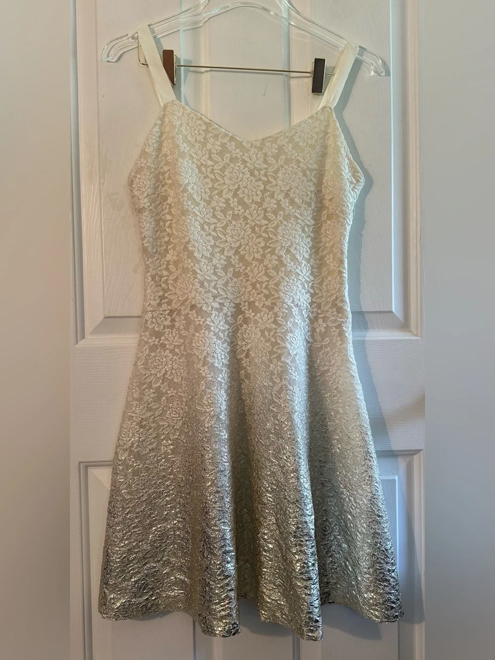 FREE PEOPLE Med Lace Embroider Feminine White Gold Foil Ombré Skater Midi Dress